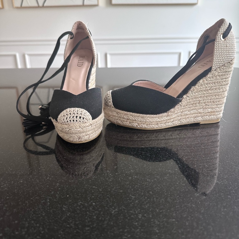 Zara Black and Cream Espadrille Wedge Sandals